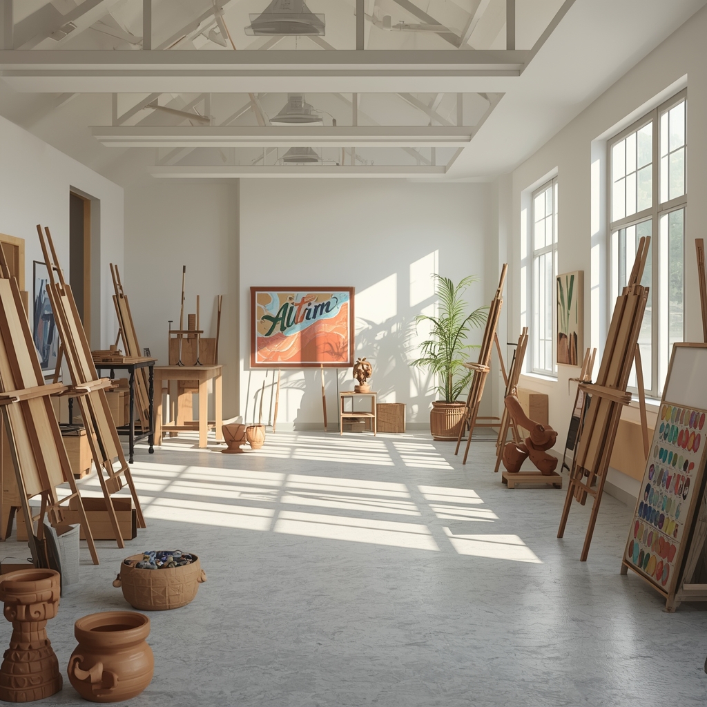 Nano Banana2: Generate an image of a pristine school art studio room, showcasing tall easels, unused colorful paint palettes, intricate clay sculptures, and large brightly lit windows. Ensure no human figure or woman image is present.